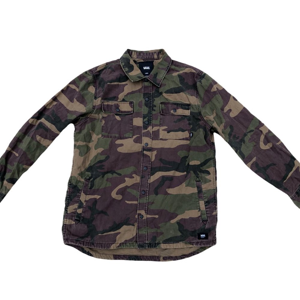 VANS Classic Fit Button Snap Jacket Men's LARGE Camo Green Skater Coat